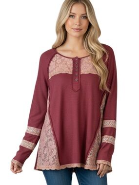 POL Burgundy Long Sleeve Lace Trim Henley Top Large